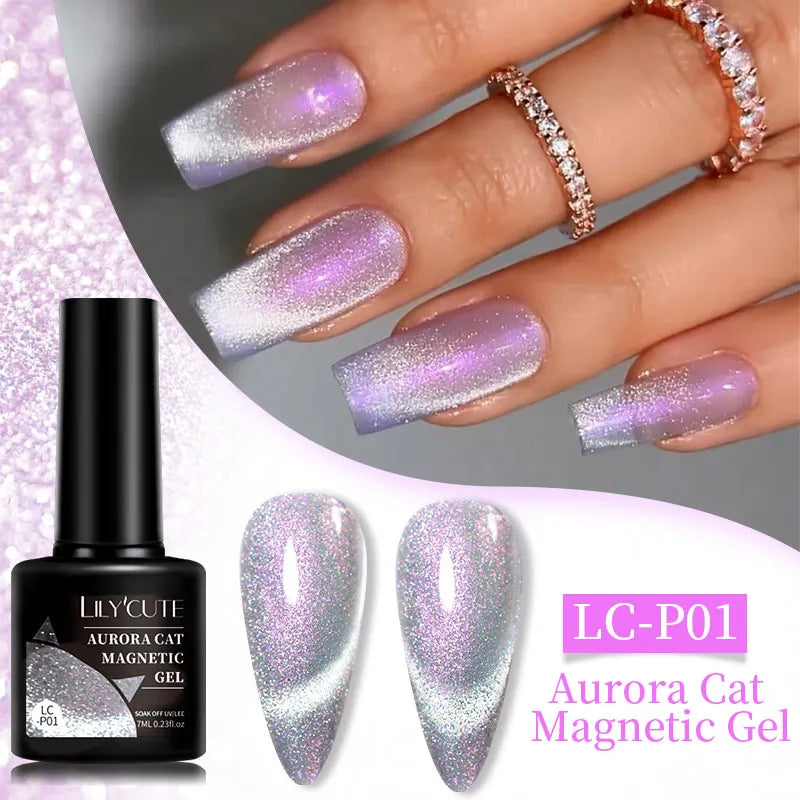 LILYCUTE 7ML 3 IN 1 Platinum Cat Magnetic Gel Nail Polish Silver Moonlight Magnetic Nail Sparkling Glitter Semi Permanent UV Gel