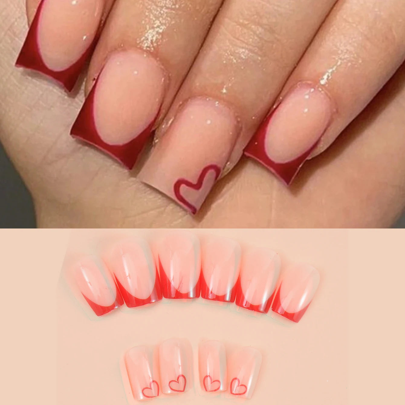 Instantly Upgrade Your Look With 24pcs-Red heart-shaped false nail set-Detachable And 1pc Cuticle Pusher