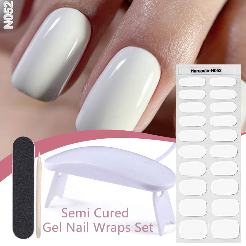 Harunouta 4pcs/set Gradient Jelly Semi Cured Gel Nail Strips with Nail Lamp Nude Pink Waterproof Nail Stickers Long Lasting Wrap