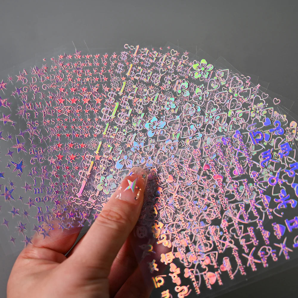 12pcs Bronzing Laser Star Nail Stickers 3D Alphabet/Heart/Flower Nail Art Self-Adhesive Sliders DIY Gradient Manicure Y2K Decals