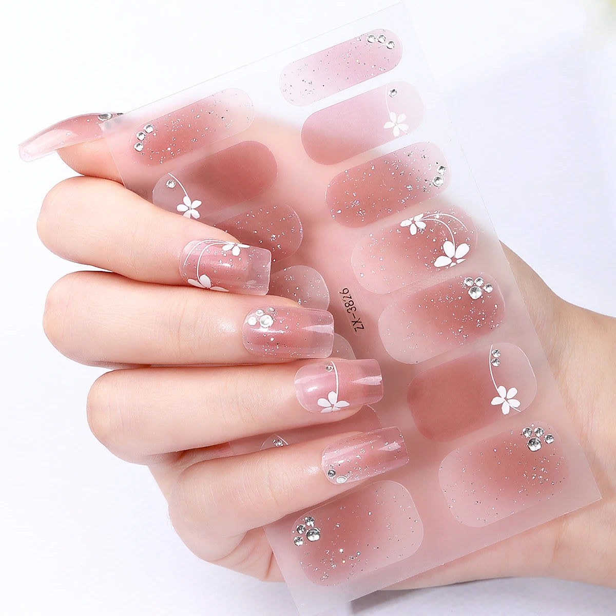 14Tips DIY Baking-Free Nail Stickers Spring Summer Flowers Self-Adhesive Nail Strips Full Cover Nail Decoration Decal