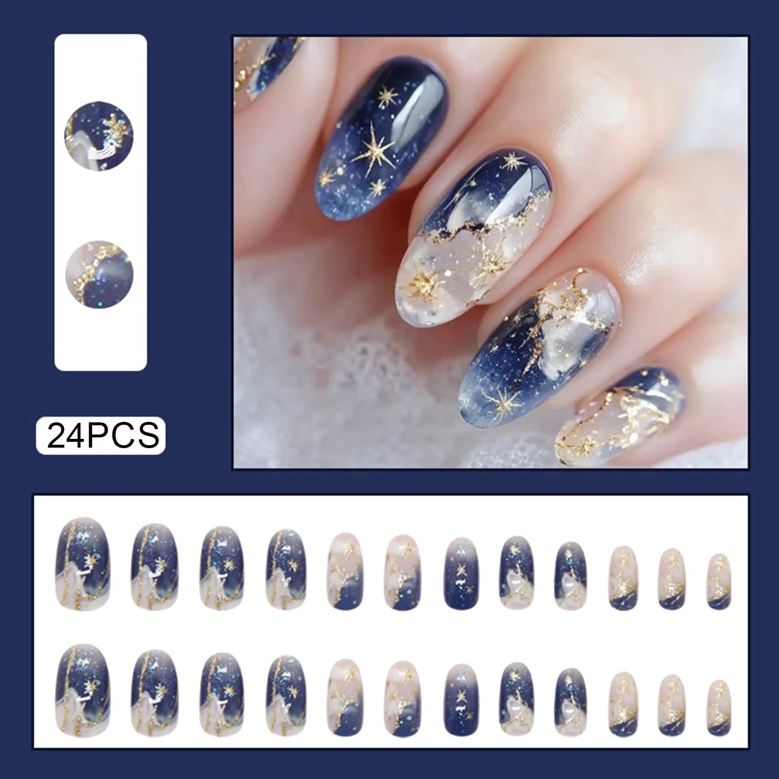 24pcs Y2k Star Press On Nails Gradient Black Mid-length Coffin False Nail Tips Full Cover Moon Designs Fake Nail For Cool Girls