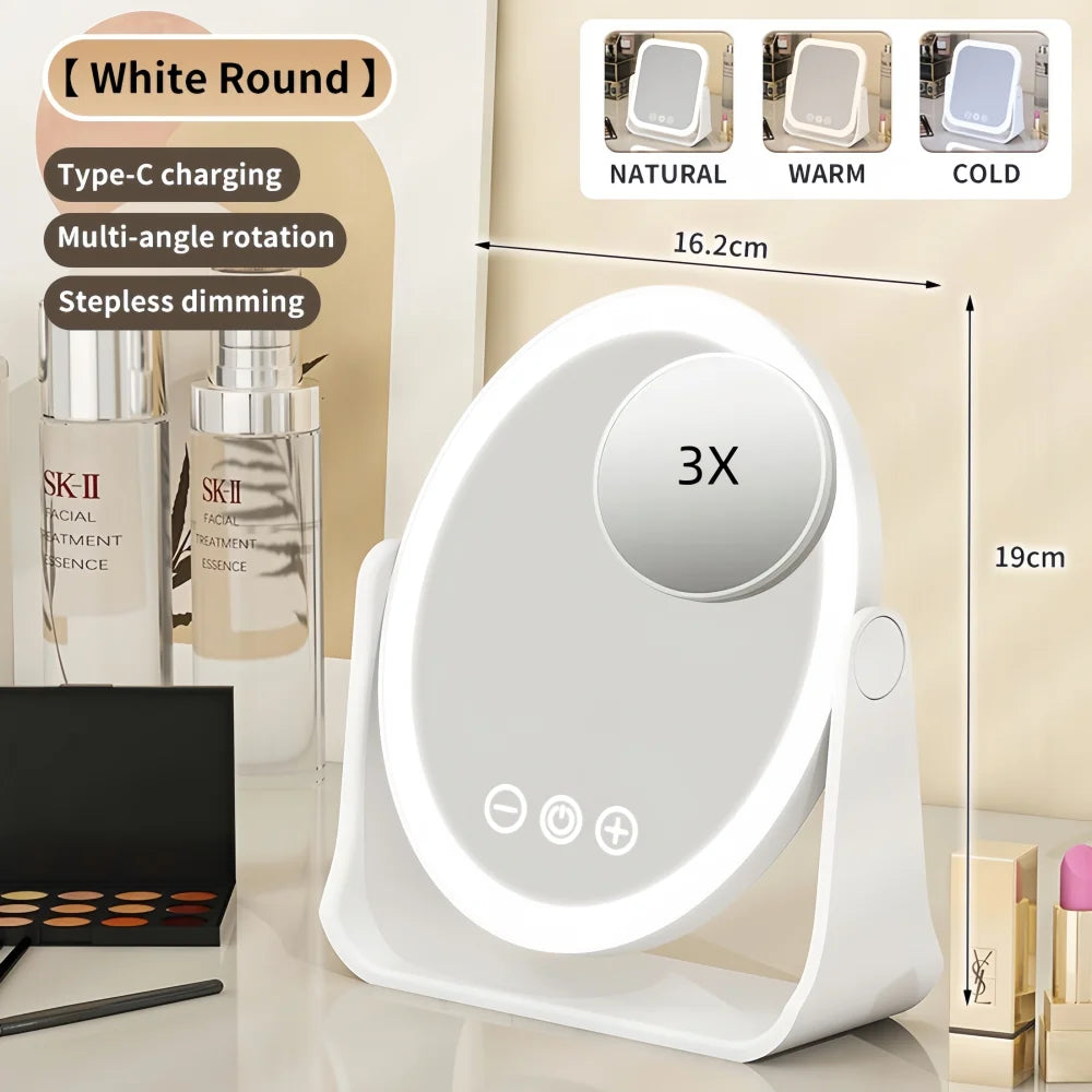 LED Makeup Mirror, Portable Flip Lighted Vanity Mirror with Touch Dimming, 3X Magnifier and Rechargeable Design for Desk