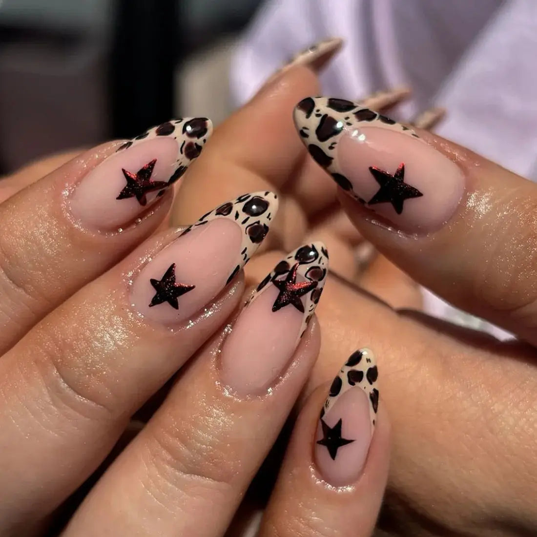 Black Leopard Print Light Yellow French Red Flowers Fake Nails Fashion Detachable Finished False Nails Press on Nails with Glue
