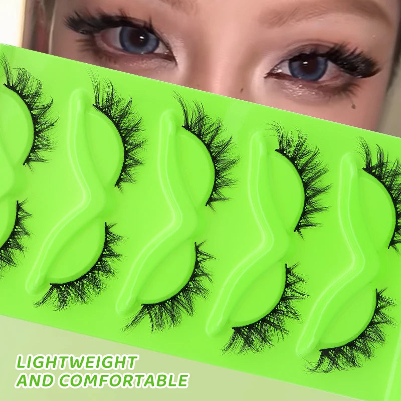DINGSEN 5 Pairs Cat Eyelashes Fluffy Cat Lashes Fake Eyelash Wispy Natural Look long Mink Eyelashes Strip Lashes Cat Eye Lashes