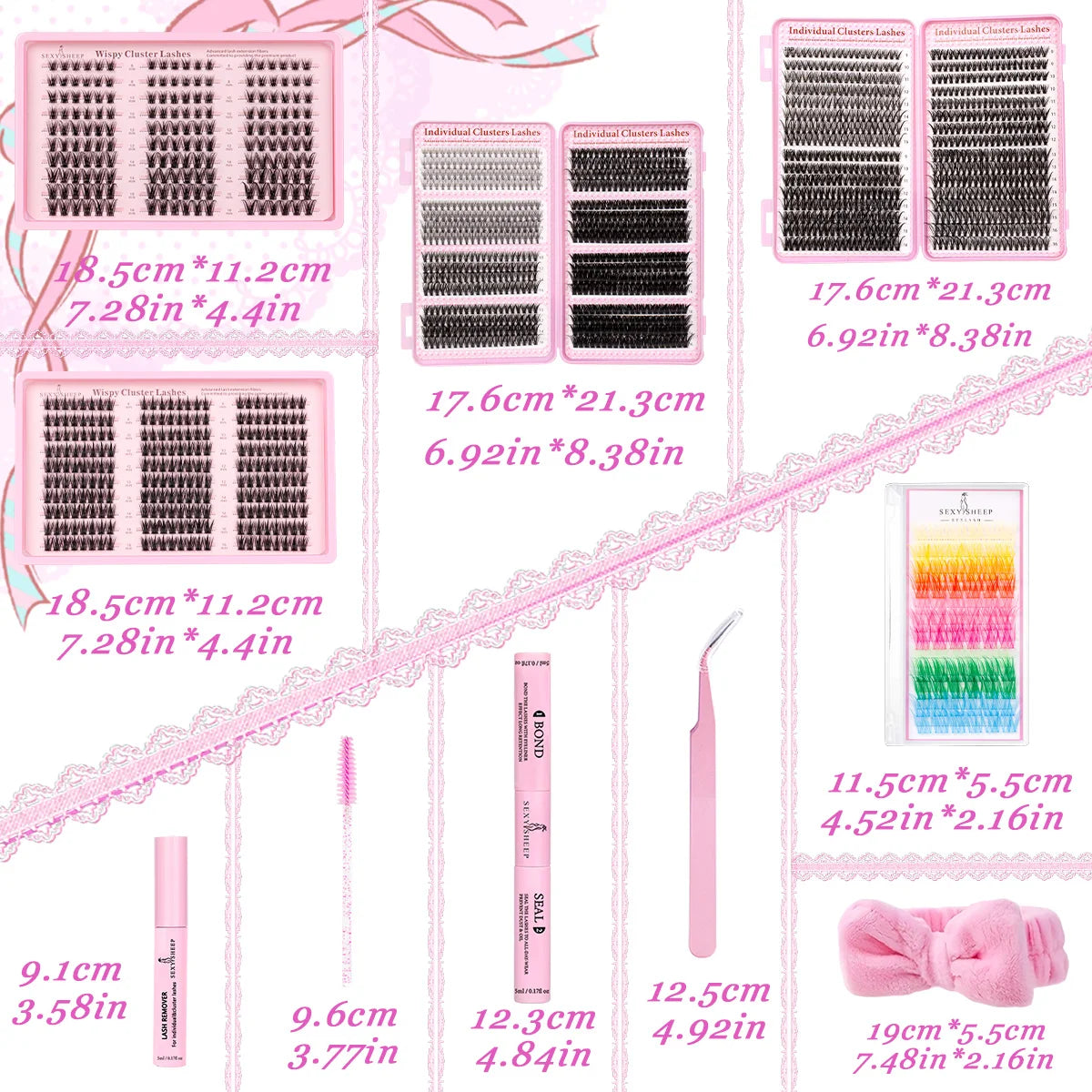 DIY Lash Clusters Kit Mixed Styles Eyelash Extension Full Set Individual Lashes with Lash Bond&Seal and Tweezers Makeup Tool