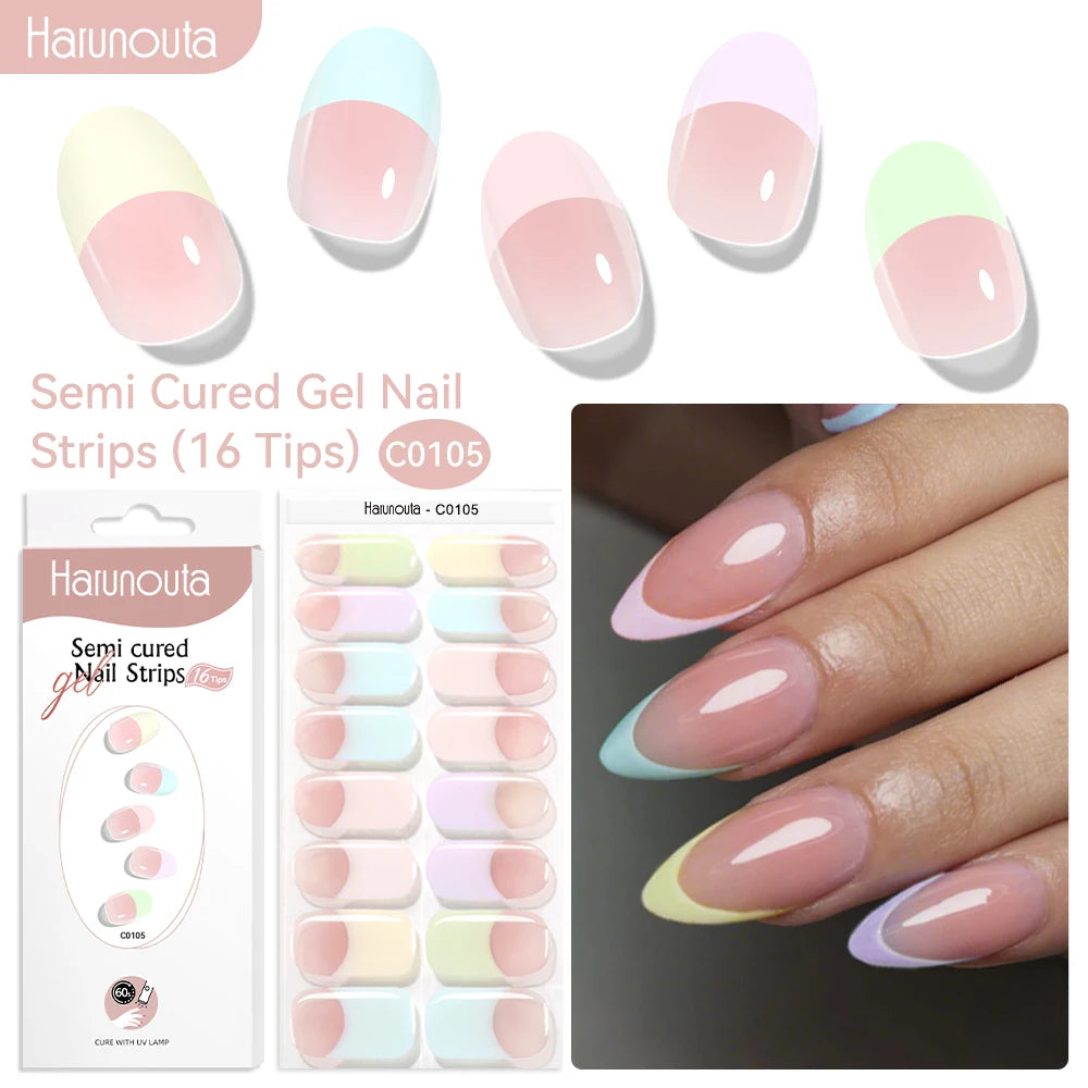 Harunouta 16strips Gradient Red Marble Gold Line Semi Cured Gel Nail Strips DIY Gel Polish Stickers for Nails Work with UV/LED