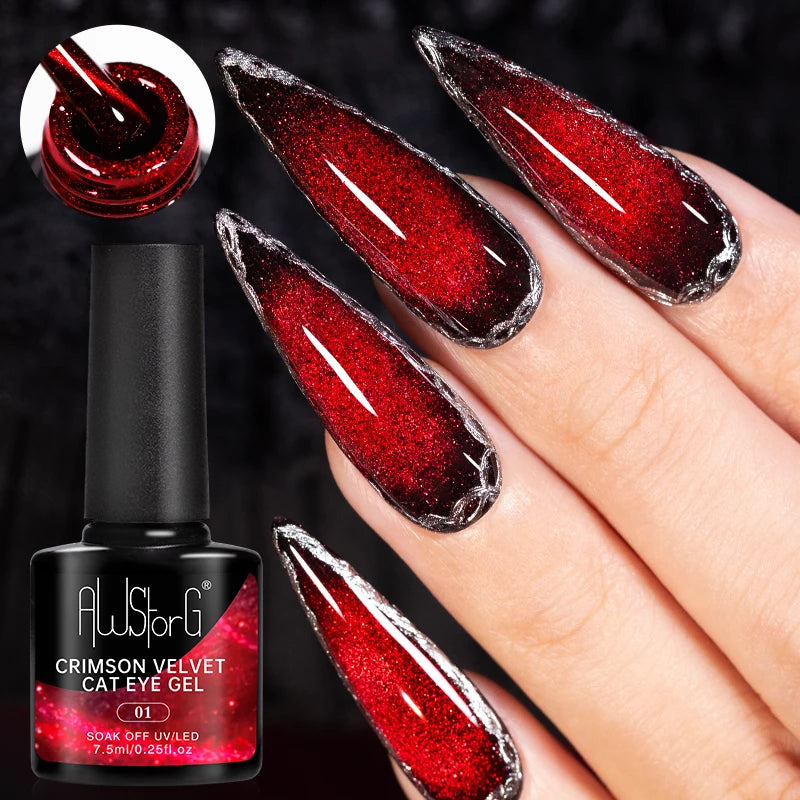 AWStorG 7.5ml Crimson Velvet Cat Eye Magnetic Gel Nail Polish Shiny Ruby Red Cat Eye Gel Soak Off UV Semi-Permanent Nail Art