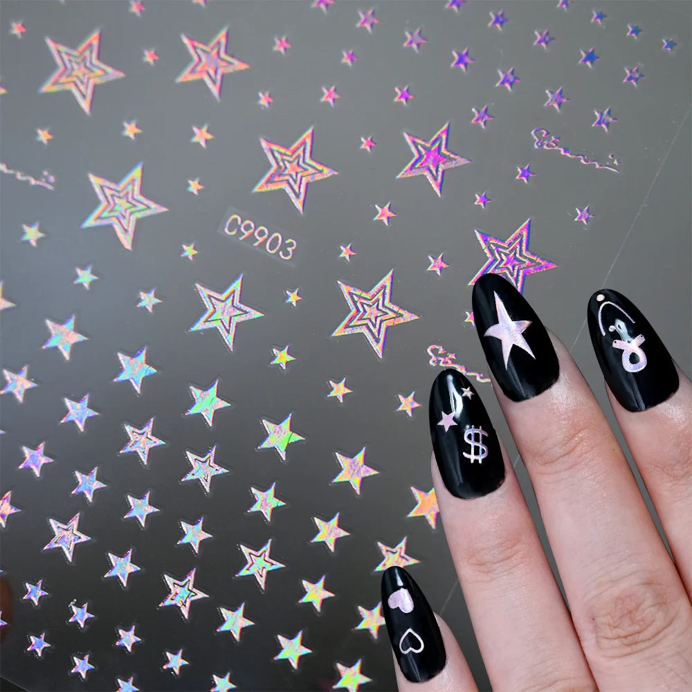 12pcs Bronzing Laser Star Nail Stickers 3D Alphabet/Heart/Flower Nail Art Self-Adhesive Sliders DIY Gradient Manicure Y2K Decals