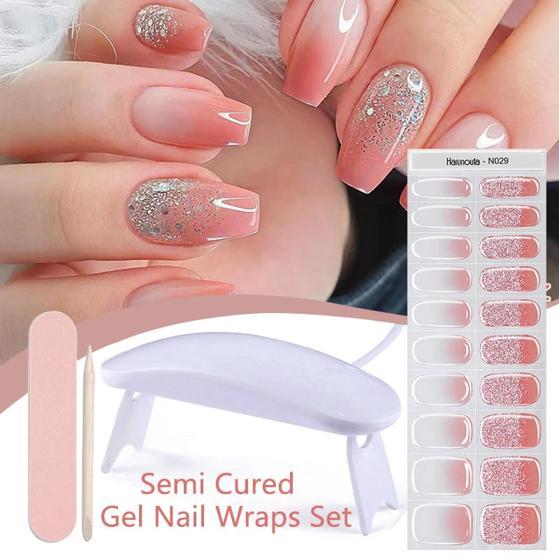 Harunouta 4pcs/set Gradient Jelly Semi Cured Gel Nail Strips with Nail Lamp Nude Pink Waterproof Nail Stickers Long Lasting Wrap