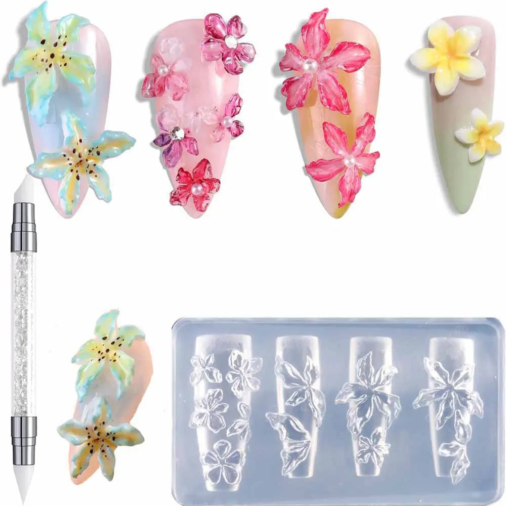 2/3pcs Relief Lily Flowers Nail Carving Mold 3D Silicone Hibiscus Flowers Petals Modeling Templates Clear Resin Epoxy Nail Tools