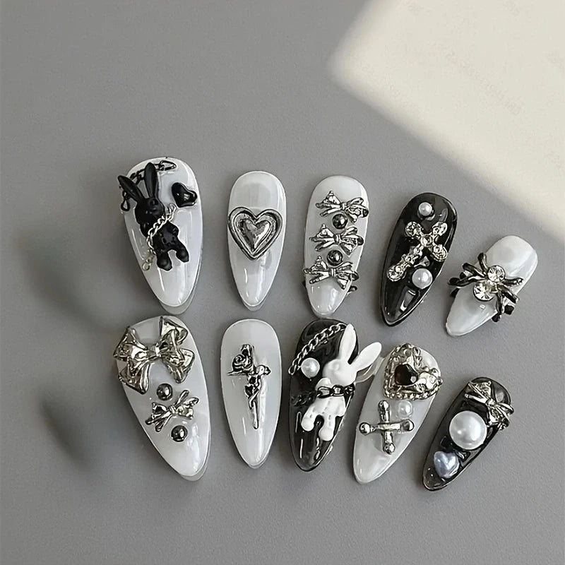 10pcs personalized black and white nail art, rabbit and bow decoration - Gothic minimalist style, suitable for daily wear