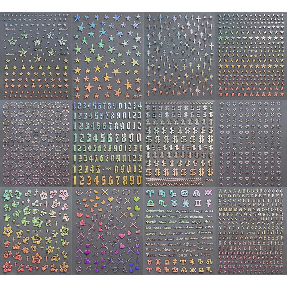 12pcs Bronzing Laser Star Nail Stickers 3D Alphabet/Heart/Flower Nail Art Self-Adhesive Sliders DIY Gradient Manicure Y2K Decals