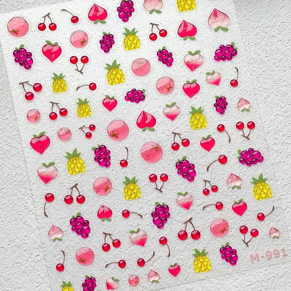 Cute Juicy Red Cherry Bowknot 5D Nail Art Stickers Lovely Shiny Crystal Rhinestone Self Adhesive Decoration Manicure Decal DIY