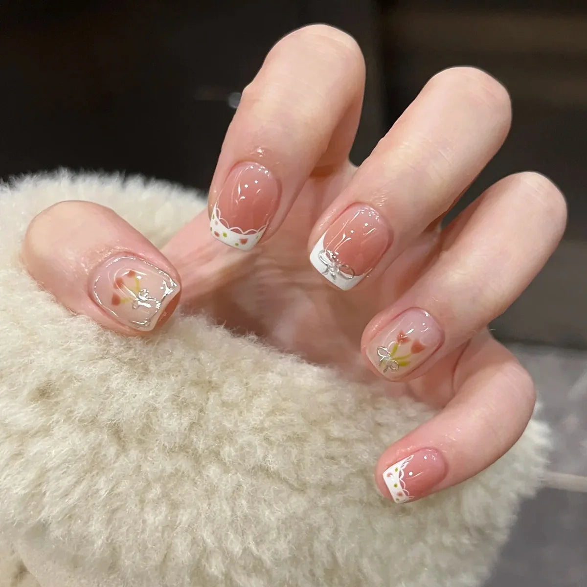 24Pcs Pink Cat Blue Love Cute Short Ballet Press on False Nails Sweet French Cat Eye Bow Star Designs Style Detachable Nails Set