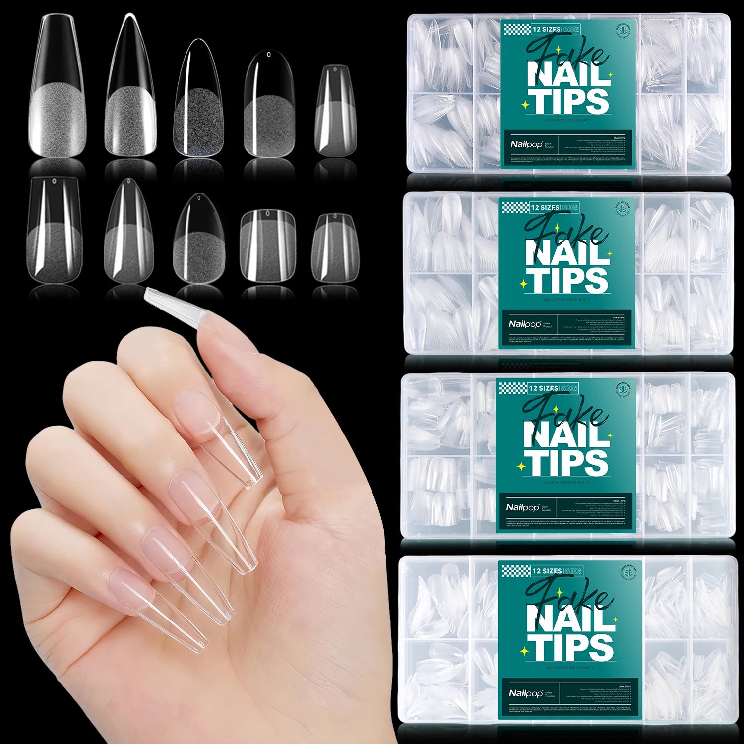 Nailpop False Nails 10/12 Sizes Full Cover Tips Clear Color Durable Lightweight Natural Look Manicure  Salon Quality DIY 600pcs