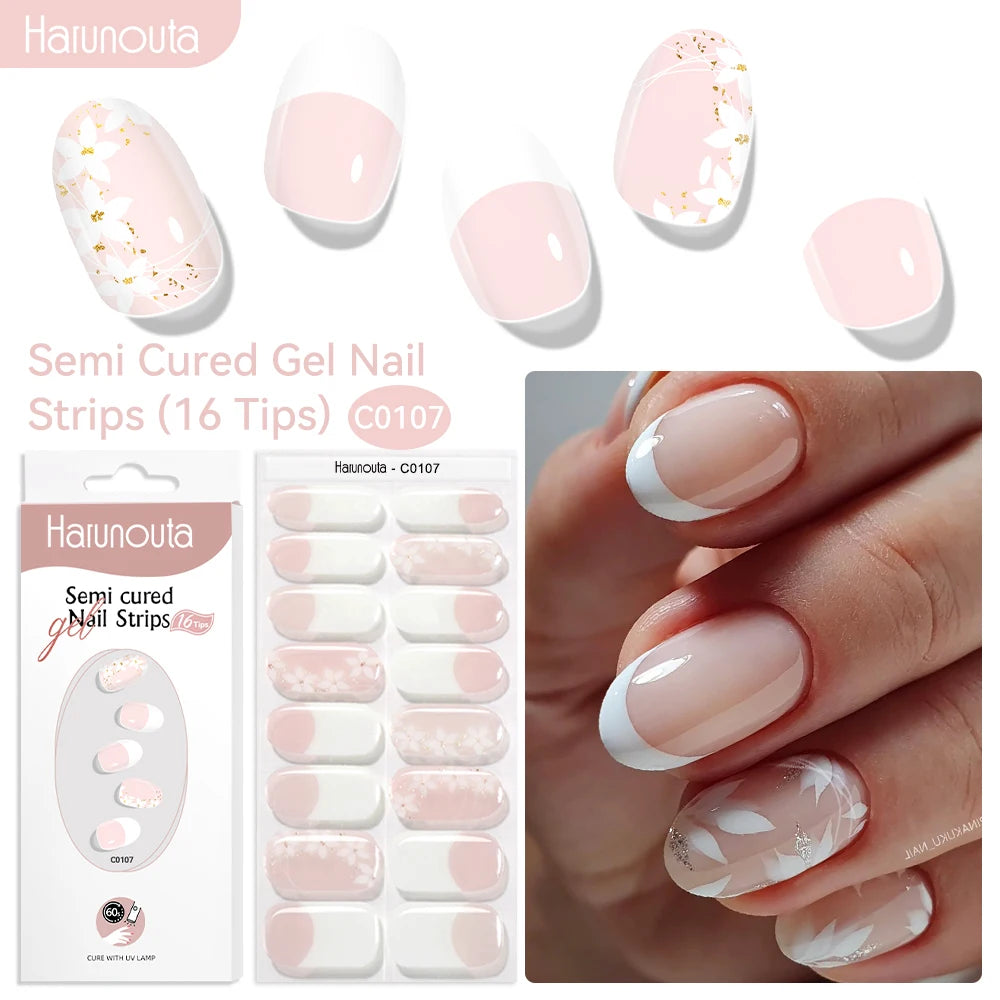 Harunouta 16strips Gradient Red Marble Gold Line Semi Cured Gel Nail Strips DIY Gel Polish Stickers for Nails Work with UV/LED