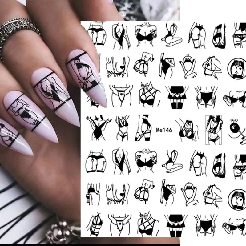 Nail Art Stickers Woman Girl Sexy Sticker Body Press on Nail Slider Black White Decal Decoration Nail Design Accessories Wraps