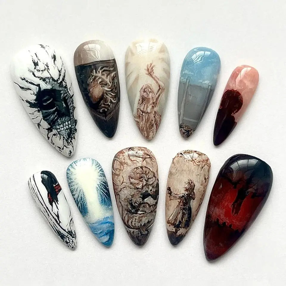 24pcs Flower Print Press on Nails Wine Red Blush Almond False Nail Tips Wearable Reusable Summer Spicy Girl Fake Nails