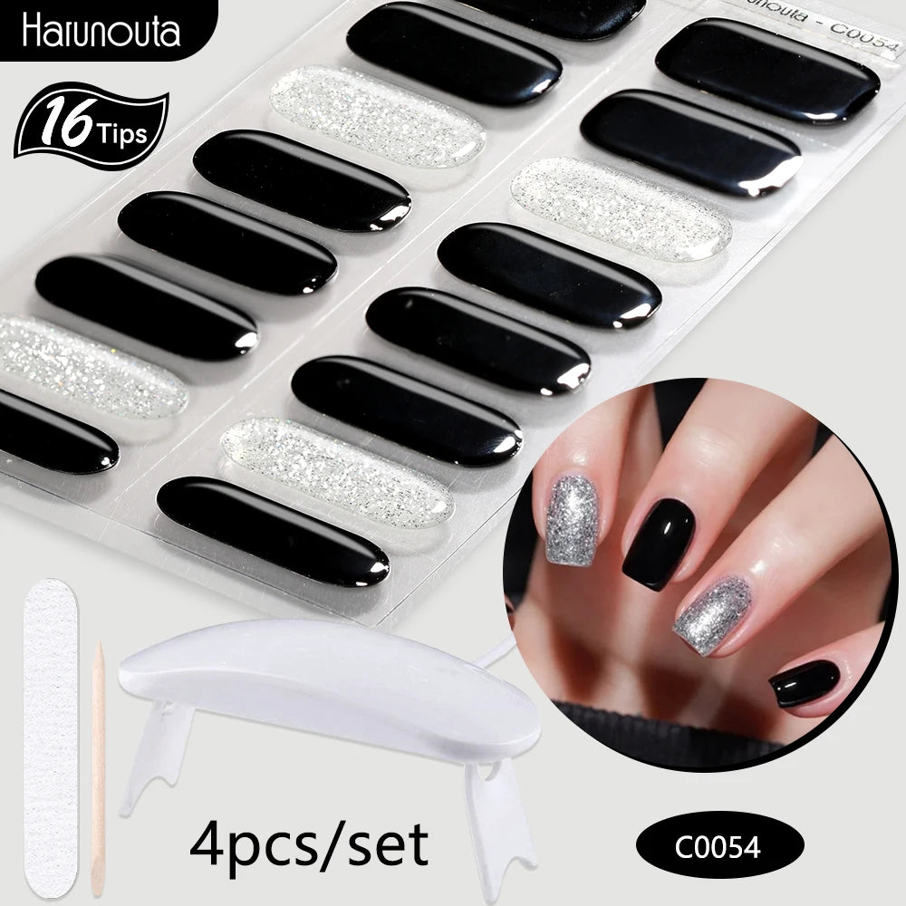 Harunouta 4pcs/set Gradient Jelly Semi Cured Gel Nail Strips with Nail Lamp Nude Pink Waterproof Nail Stickers Long Lasting Wrap