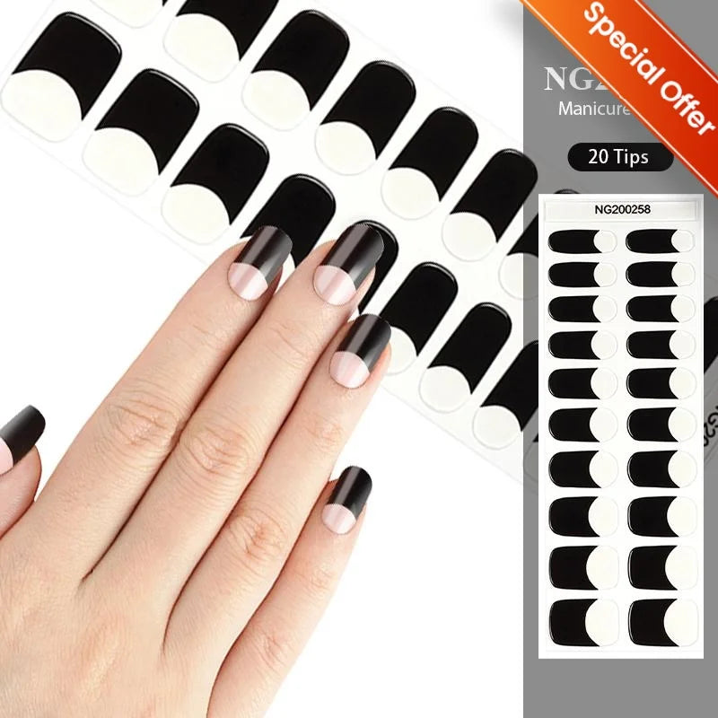 20Tips Gradient French Semi-cured Gel Nail Sticker UV Lamp Needed Full Cover Nail Gel Polish Wraps Manicure Press on Nails Decal