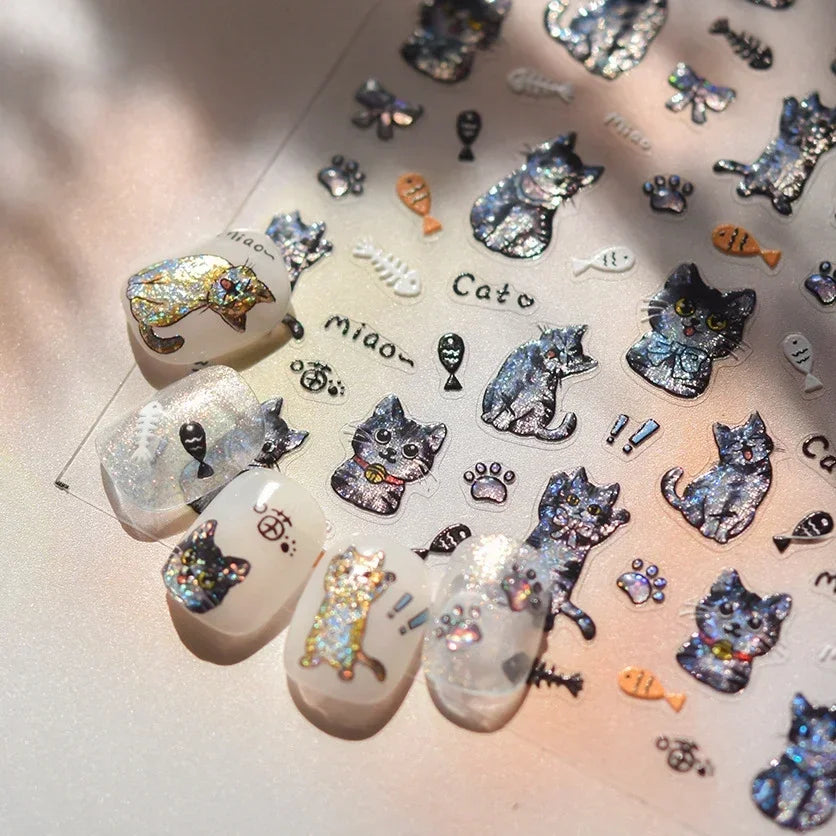 Cute Cat Eye Fishbone Animals Leopard Cat Ginger Cat Kitten Exclamation Point Paw Self Adhesive Nail Art Sticker Manicure Decals