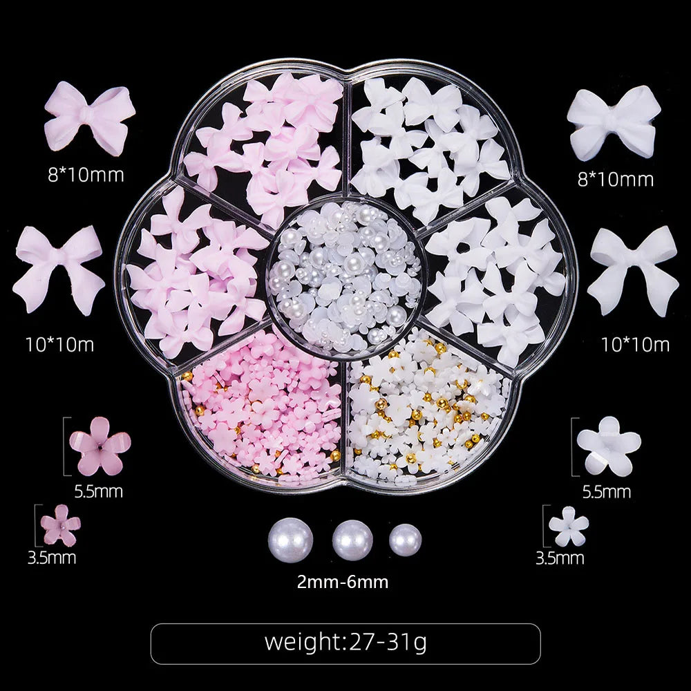 Mixed Acrylic Bowknot 3D Nail Art Decorations Flower Resin Charms Gold Beads Caviar Pearl Mixed Rhinestones Accessories set