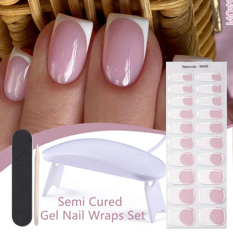 Harunouta 4pcs/set Gradient Jelly Semi Cured Gel Nail Strips with Nail Lamp Nude Pink Waterproof Nail Stickers Long Lasting Wrap