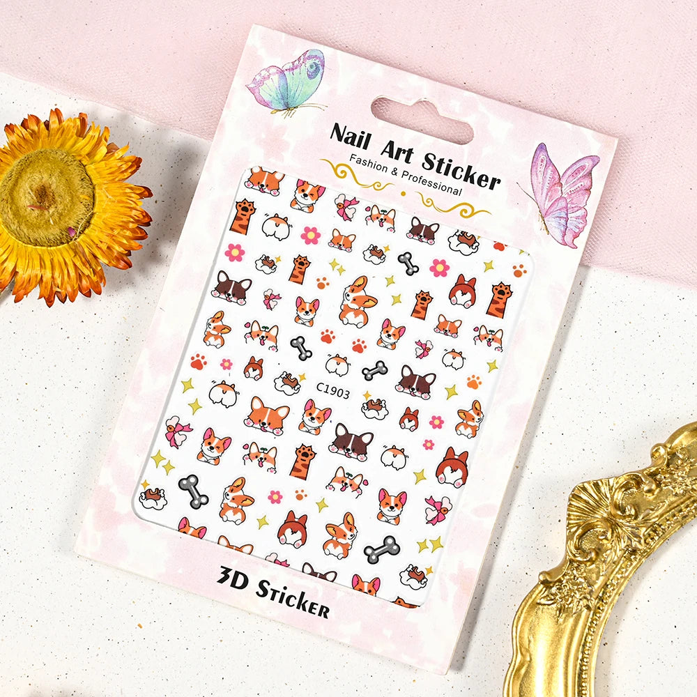 Lovely Cat Nail Decals 3D Animal Cartoon Dog Scrawl Relief Self Adhesive Nail Art Stickers Cute Puppy Kitty Y2K Nails Decoration