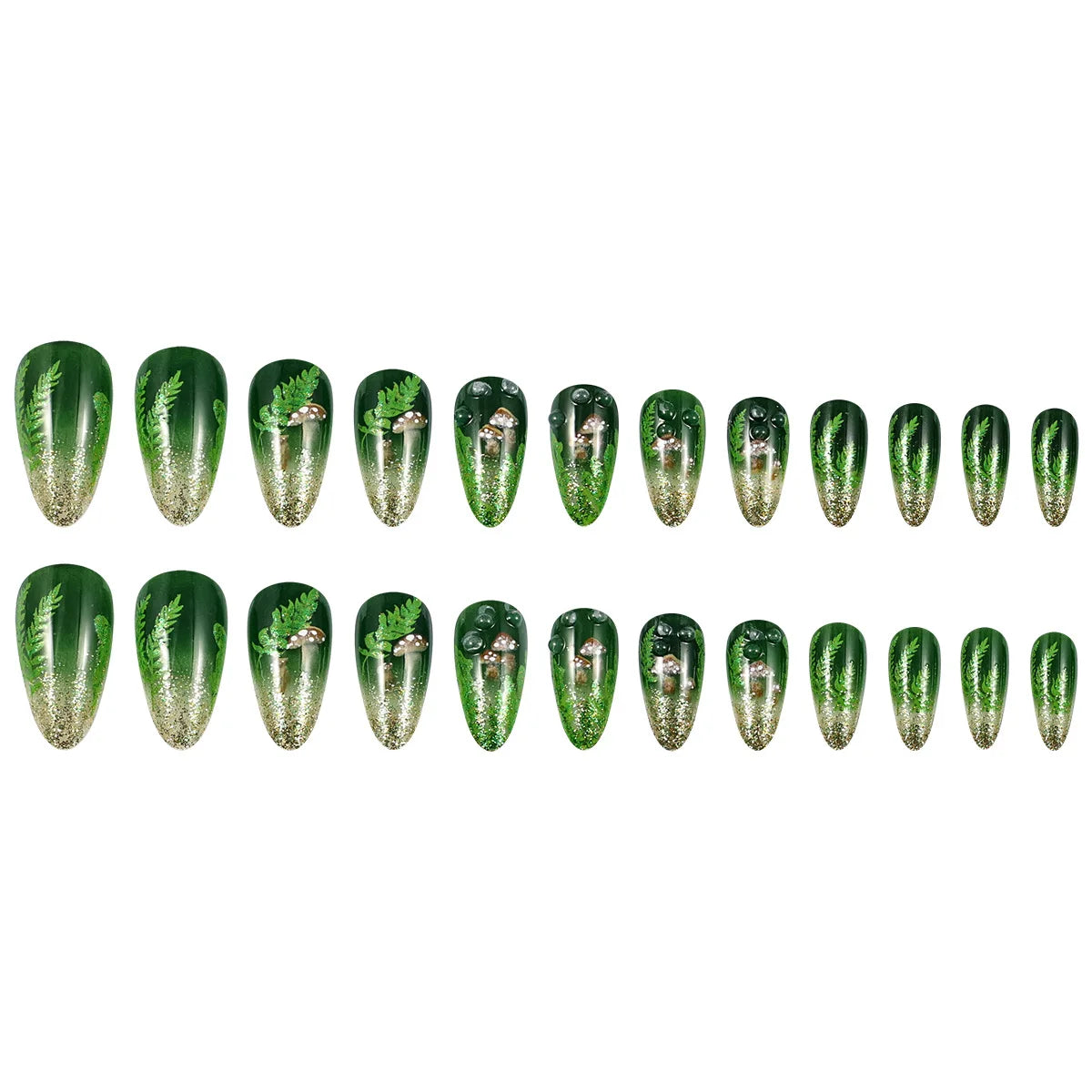 24pcs Glossy Almond False Nails Dark Green Forest Mushroom Pattern Press On Nails Gold Sequins French Style Wearable Fake Nail