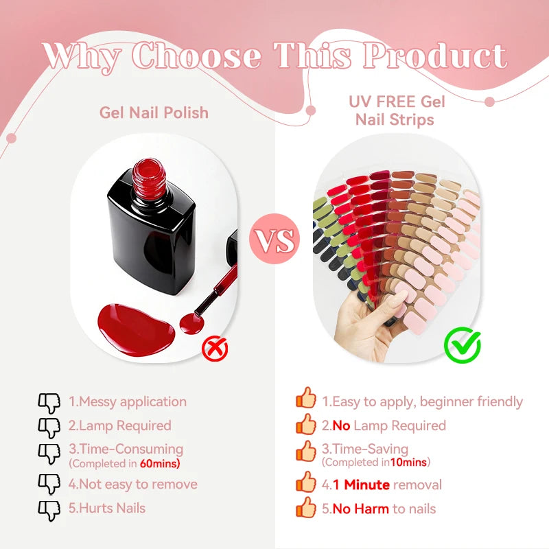 22strips UV Free Nail Gel Strips Loving Heart Gel Polish Nail Sticker Curing-free Adhesive Stickers for Nails Long Lasting Wrap