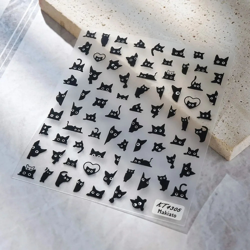 3D Self-Adhesive Nail Art Decals Sliders Decorations Manicure Accessories Black Cat Nail Stickers 3D Cute Cartoon Animal