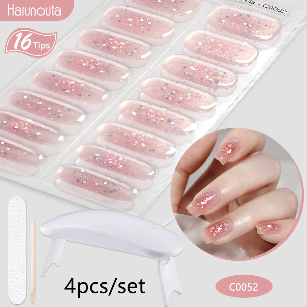 Harunouta 4pcs/set Gradient Jelly Semi Cured Gel Nail Strips with Nail Lamp Nude Pink Waterproof Nail Stickers Long Lasting Wrap