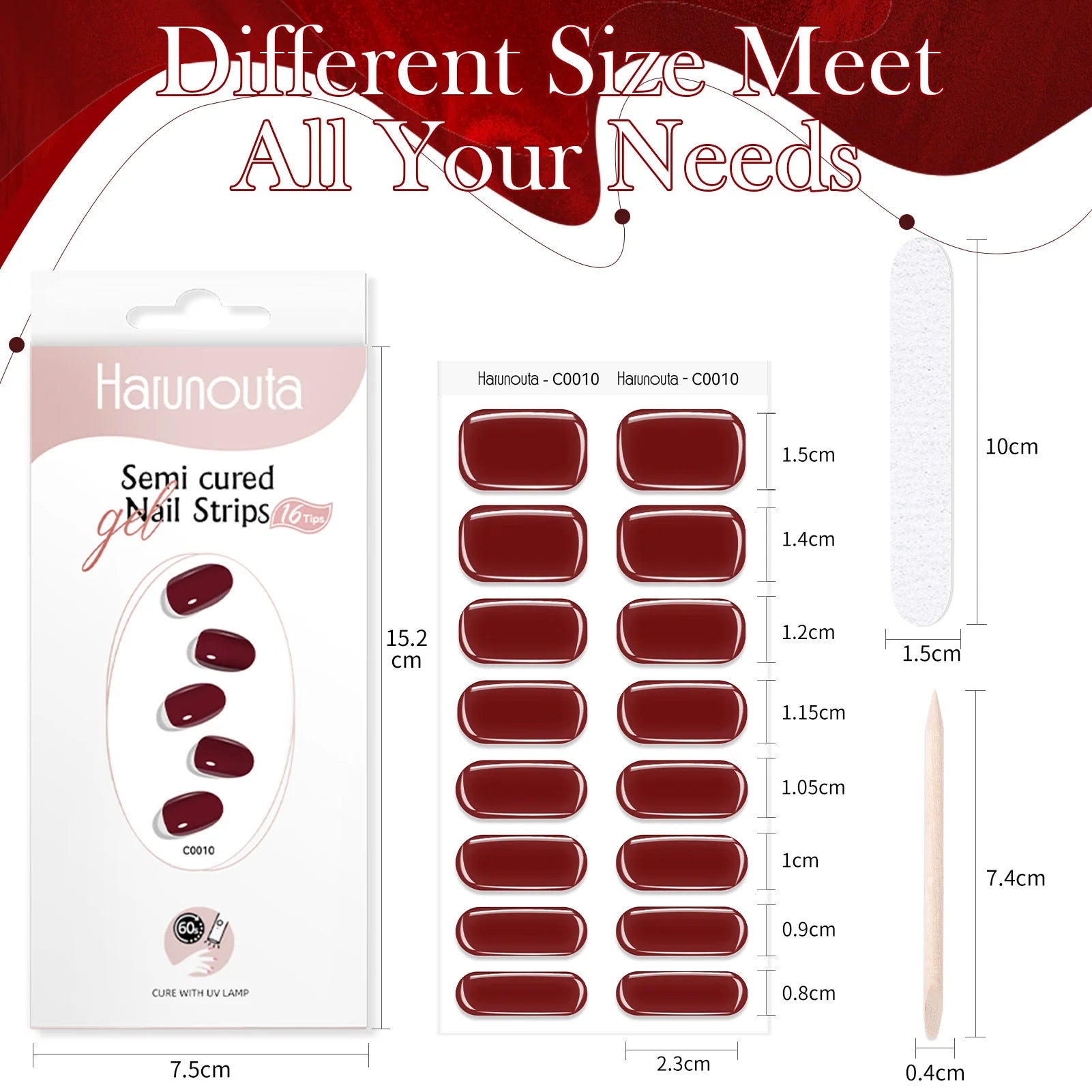 Harunouta 16strips Gradient Red Marble Gold Line Semi Cured Gel Nail Strips DIY Gel Polish Stickers for Nails Work with UV/LED