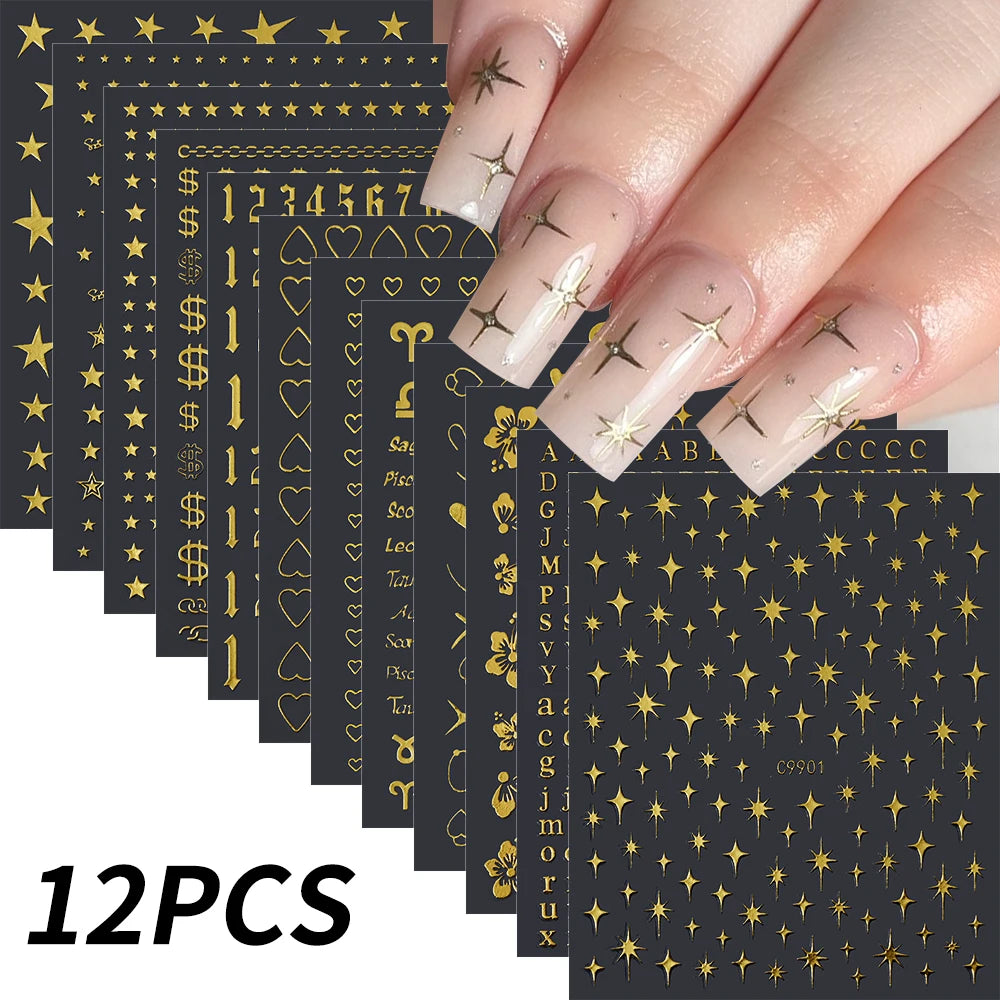 12pcs Bronzing Laser Star Nail Stickers 3D Alphabet/Heart/Flower Nail Art Self-Adhesive Sliders DIY Gradient Manicure Y2K Decals