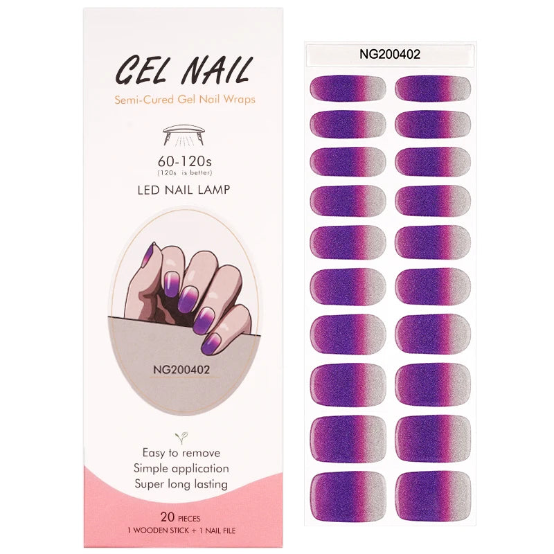 16/20Tips Semi-Cured Nail Wraps Simple Color Adhesive Full Cover Stickers for Nails UV Lamp Need Press On Nails DIY Manicure