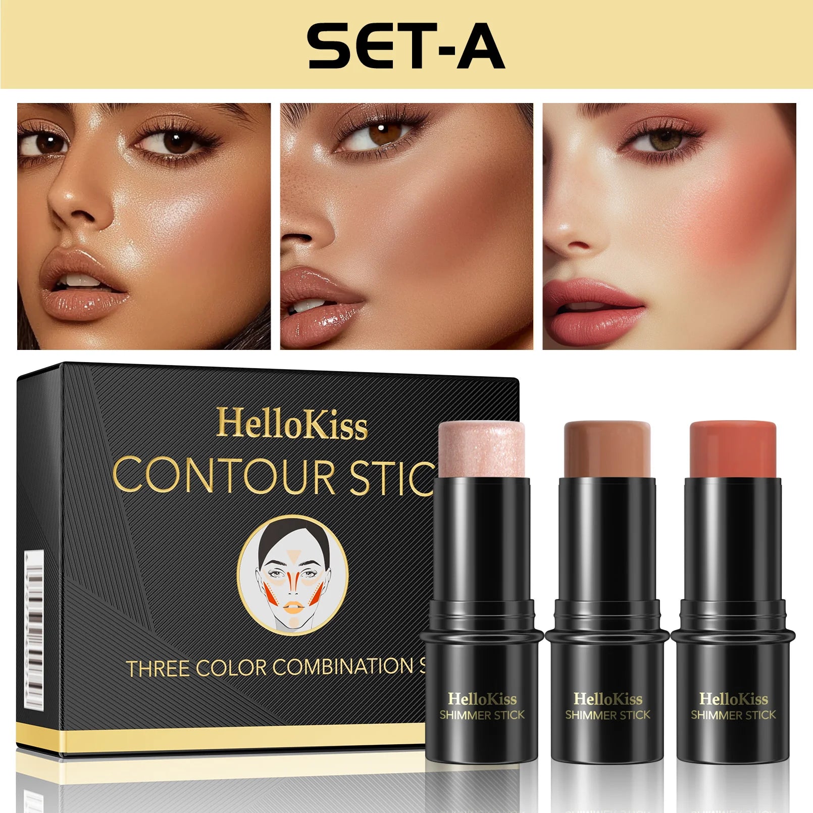 1 Set of 3 Contour Sticks, Highlighter Stick, Blush Stick, 3-Piece Cream Contour Set Including Contour Brush, Creates Facial Contours, Non-Greasy