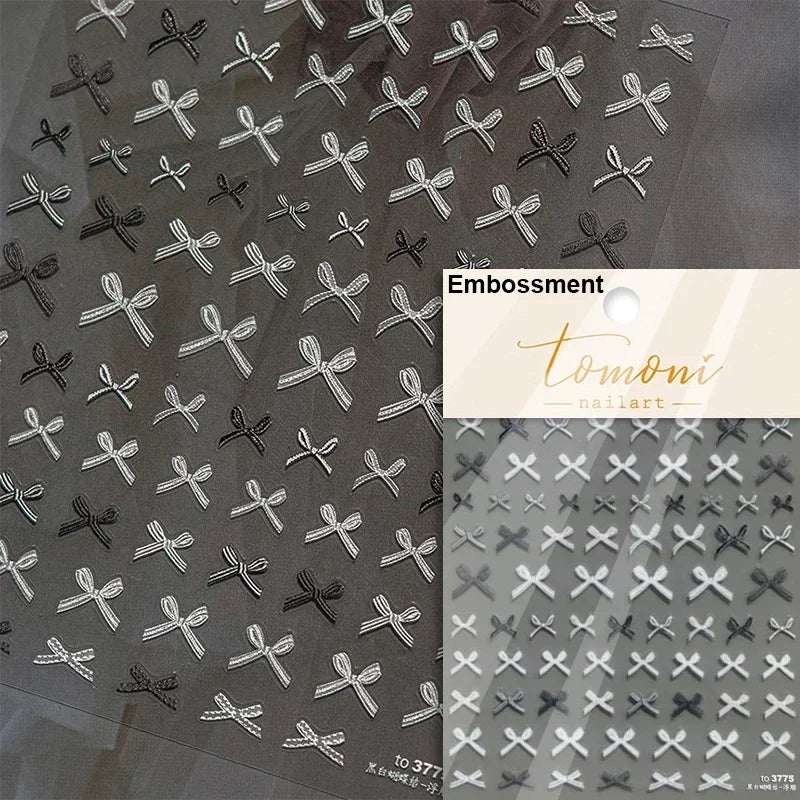 French Leopard Print Bowknot Lace Ribbon Rhinestone Pearl Bow Tie Simple White Black Nail Art Stickers Decoration Manicure Decal