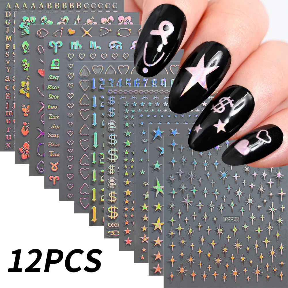 12pcs Bronzing Laser Star Nail Stickers 3D Alphabet/Heart/Flower Nail Art Self-Adhesive Sliders DIY Gradient Manicure Y2K Decals