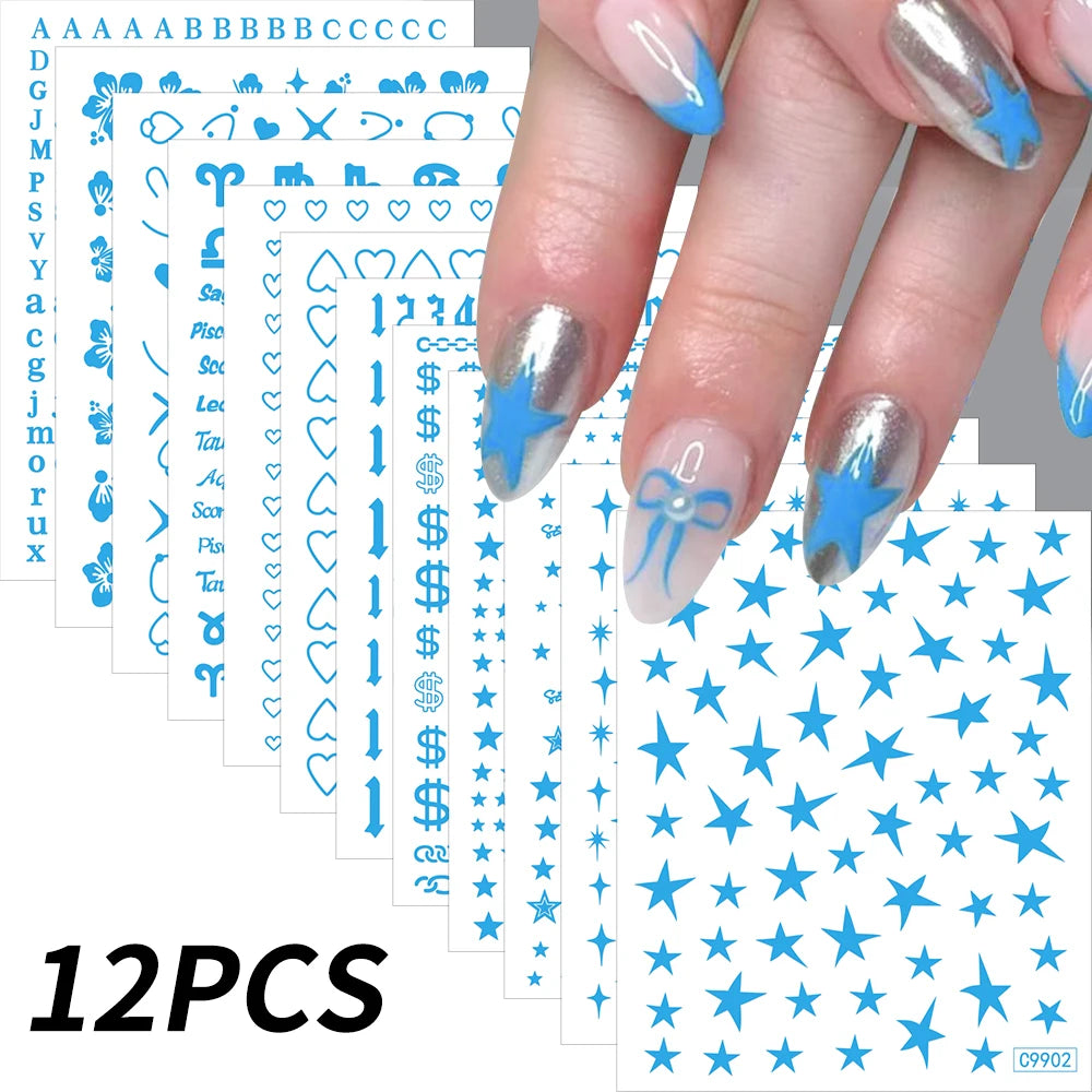 12pcs Bronzing Laser Star Nail Stickers 3D Alphabet/Heart/Flower Nail Art Self-Adhesive Sliders DIY Gradient Manicure Y2K Decals