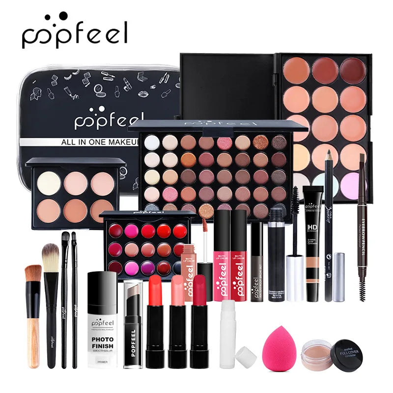 All in One Makeup Kit Gift Set with Eyeshadow Palette Foundation Lip Gloss Blush Brushes Eyeline Mixed Color Paste Long lasting