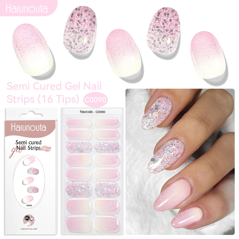 Harunouta 16strips Gradient Red Marble Gold Line Semi Cured Gel Nail Strips DIY Gel Polish Stickers for Nails Work with UV/LED