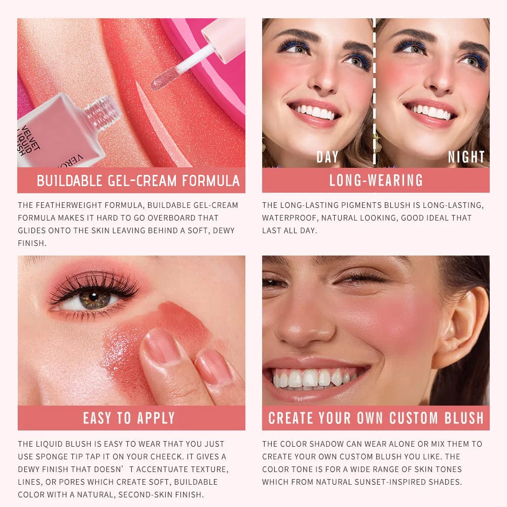 4 Color Liquid Blush 5ml Long-Lasting & Blendable Vegan Cheek TintNatural Flush to Bold Glow | Dewy & Matte Finish Face Makeup