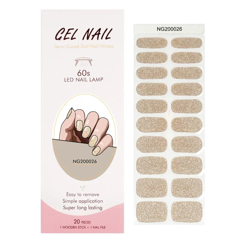 16/20Tips Semi-Cured Nail Wraps Simple Color Adhesive Full Cover Stickers for Nails UV Lamp Need Press On Nails DIY Manicure