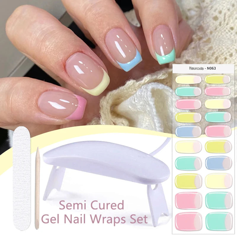 Harunouta 4pcs/set Gradient Jelly Semi Cured Gel Nail Strips with Nail Lamp Nude Pink Waterproof Nail Stickers Long Lasting Wrap
