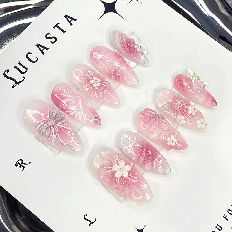 24Pcs 3D Strawberry Rabbit Flower Fake Nails Press on Mid-length Almond Wearable False Nails Green Gradient Pearl Manicure Tips