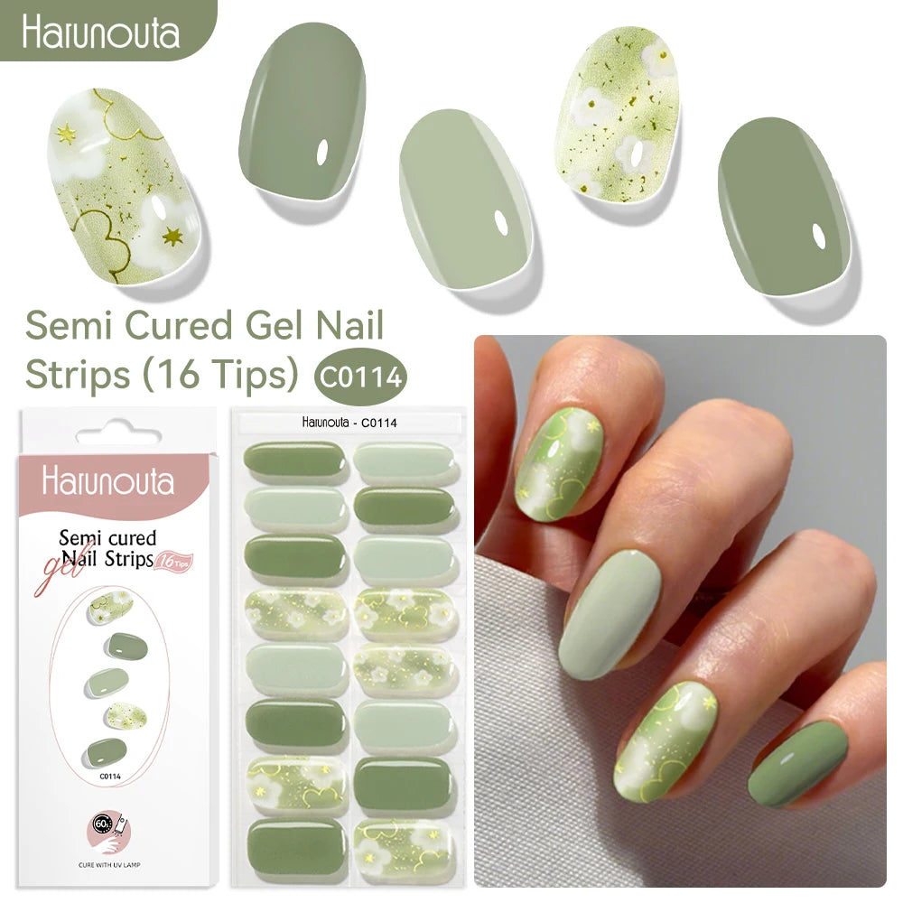 Harunouta 16strips Gradient Red Marble Gold Line Semi Cured Gel Nail Strips DIY Gel Polish Stickers for Nails Work with UV/LED