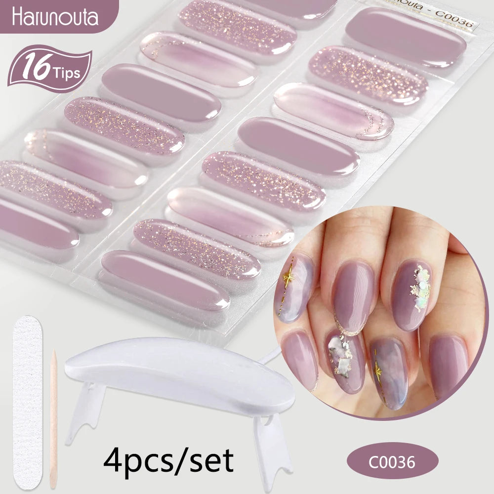 Harunouta 4pcs/set Gradient Jelly Semi Cured Gel Nail Strips with Nail Lamp Nude Pink Waterproof Nail Stickers Long Lasting Wrap