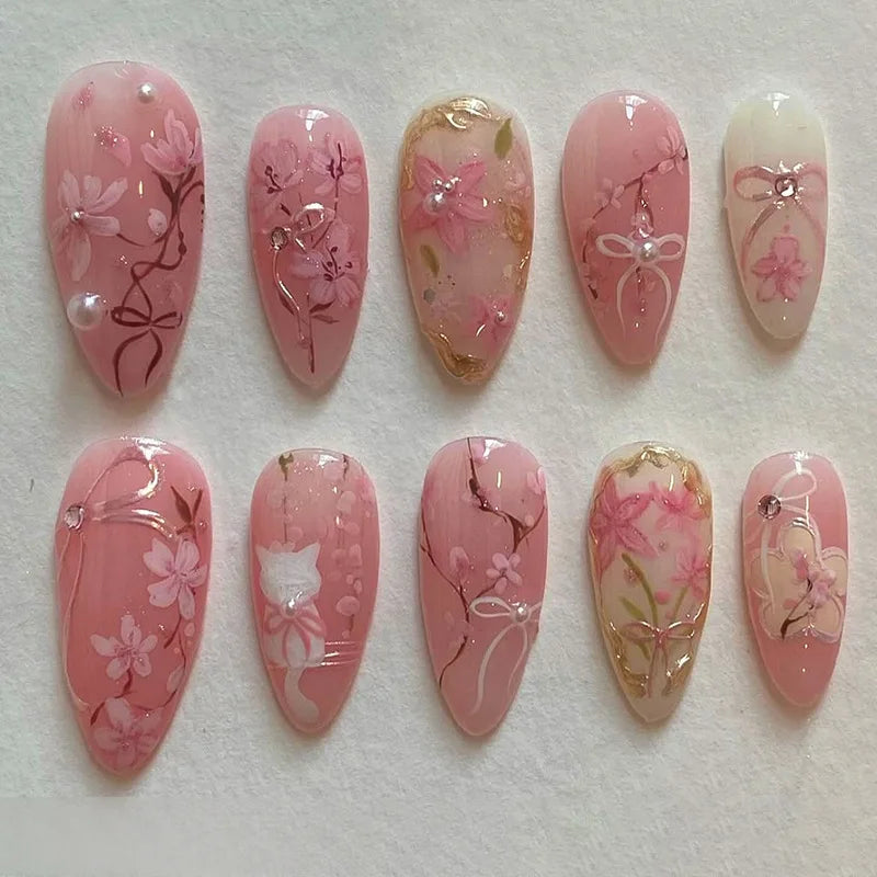 24pcs Sweet False Nail Patches Detachable Fake Nail Tips With Bowknots Love Heart Pearl Design Pink Almond Korean Press On Nail