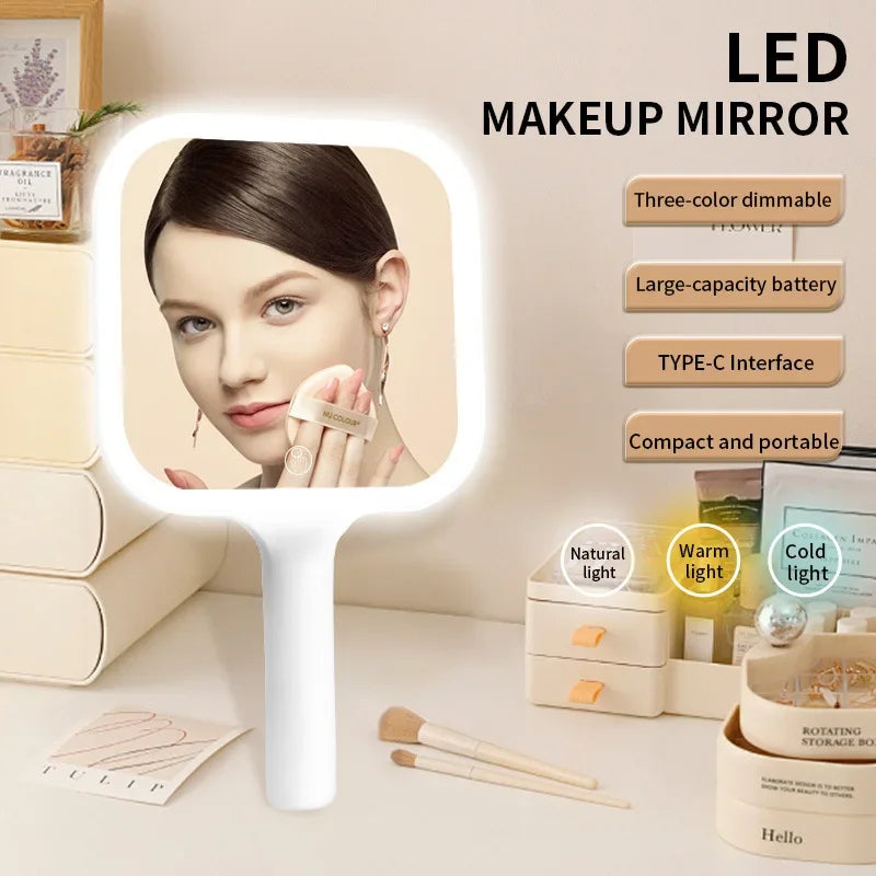 Portable LED Smart Handheld 3 Color Light Makeup Mirror Mirror Touching Mirror Square Makeup Vanity Mirrors with Handle Hand